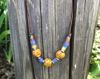African Recycled Glass Bead Necklace: Ghana Beads on Leather Cord