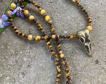 Brass Raven Skull Necklace: Tiger's Eye Beaded Pendant