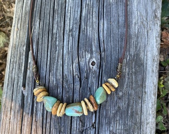 Green Turquoise Nugget Necklace: Brown Leather Cord, Unisex Design