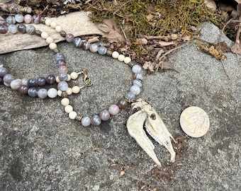 Handmade Resin Horse Skull Pendant: Botswana Agate & Bone Bead Necklace