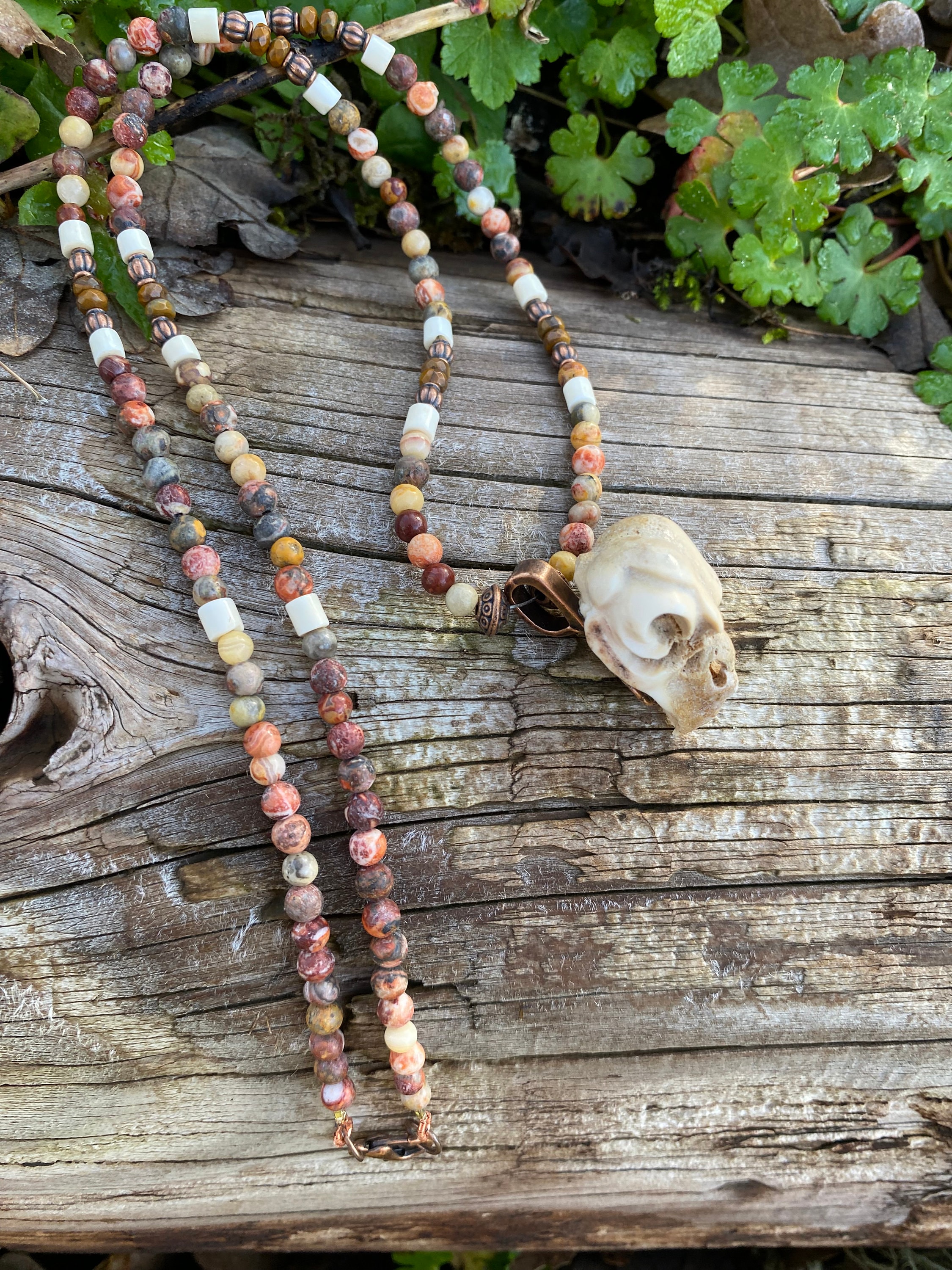 Miniature Owl Skull Pendant: Deer Antler, Leopard Jasper & Agate Beads