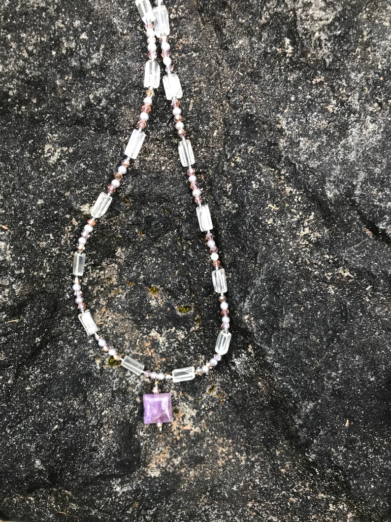 Square Amethyst pendant A delicate and unique necklace. Pearls and Swarovsky crystals light Lemon Quartz