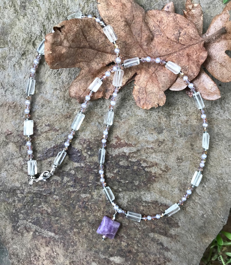 Square Amethyst pendant A delicate and unique necklace. Pearls and Swarovsky crystals light Lemon Quartz