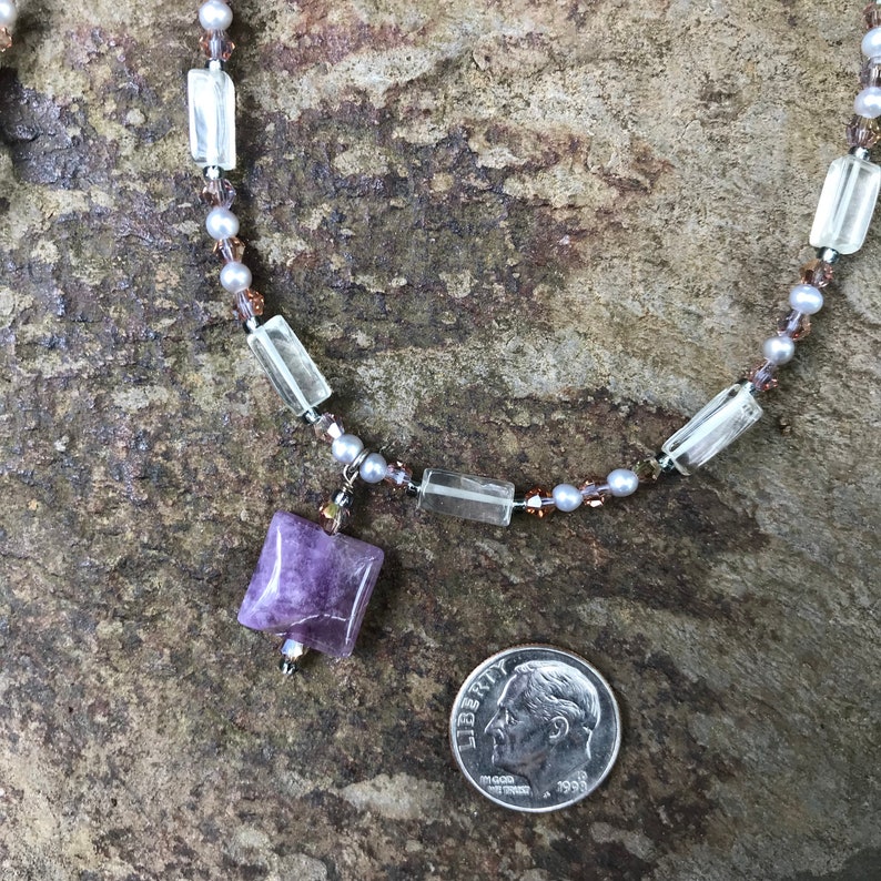 Square Amethyst pendant A delicate and unique necklace. Pearls and Swarovsky crystals light Lemon Quartz
