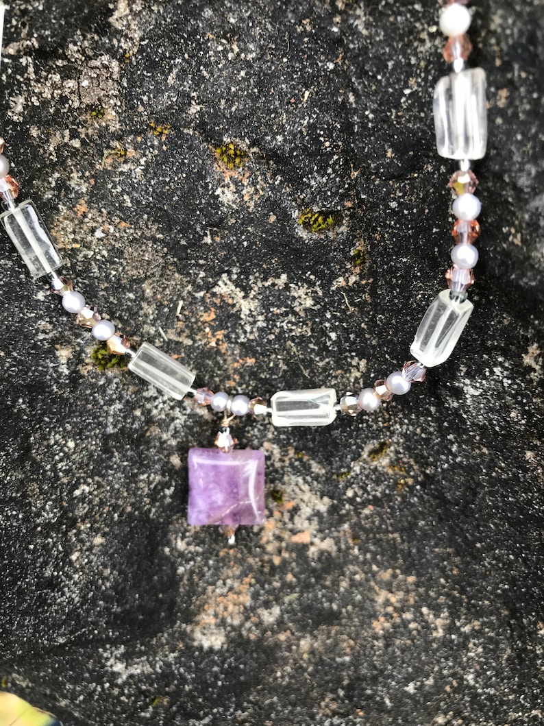 Square Amethyst pendant A delicate and unique necklace. Pearls and Swarovsky crystals light Lemon Quartz