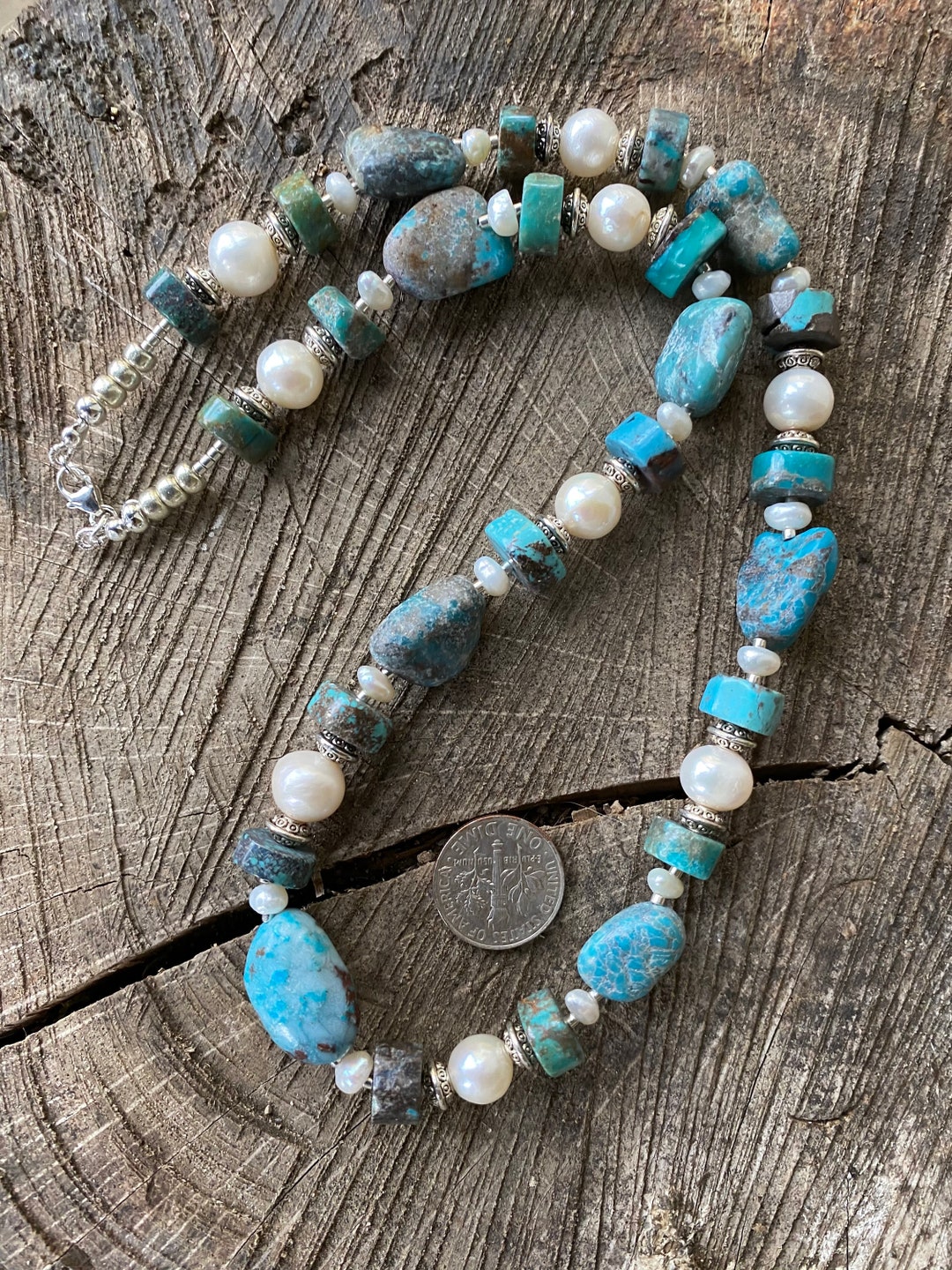Turquoise and Pearl Necklace: Sterling Silver Clasp, 19.75" - Etsy