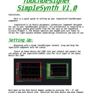 Op de afbeelding: Een screenshot van een TouchDesigner-netwerk met een SuperSynth-component en een Audio Device Out CHOP. De SuperSynth-component is verbonden met de Audio Device Out CHOP. De tekst "SimpleSynth V1.0" wordt bovenaan het scherm weergegeven.