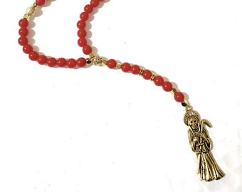 Acrylic Holy Death's Necklace, Rosary Style. Collar de la Santa Muerte de acrilico Estilo Rosario. Grim Reaper Y Style Necklace.