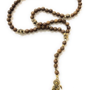 Wooden Holy Death&#39;s Necklace, Rosary Style. Collar de la Santa Muerte de madera Estilo Rosario. Grim Reaper Y Style Necklace.
