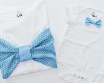 Handmade baby boy with a bow tie - baby blue colour - short or long sleeved - from size 56 to 86