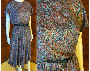 Vintage Shirt Dress, 80s Dress, Paisley Dress, Midi Dress, Day Dress, Modest Dress | Small