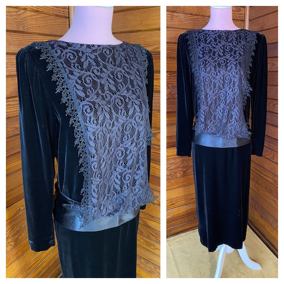 Velvet Dress, Jessica McClintock, 80s Ruffle Dres… - image 1