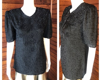 Sequin Blouse, Silk Blouse, Black Silk Blouse, Silk Shirt, Black Silk Shirt, Beaded Top, Sequin Blouse | Small