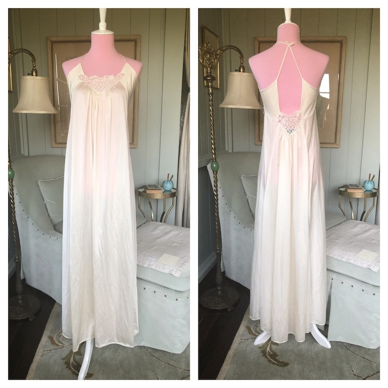 Lily of France Silky Rayon Nylon Cream Ivory White Lace Negligee Nightgown Nightie Small