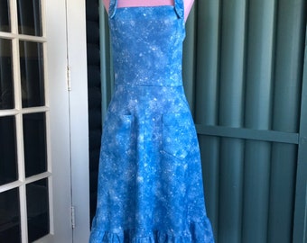 Vintage 70s Light Blue Sun Dress Flate Skirt Apron Dress | Small