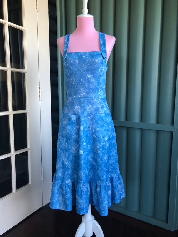 Vintage 70s Light Blue Sun Dress Flate Skirt Apro… - image 2