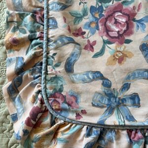 May include: Close-up of a floral pillowcase with a ruffled edge. The fabric features a pattern of pink, blue, and green flowers and ribbons on a cream background. A blue cord trim frames the ruffled edge.