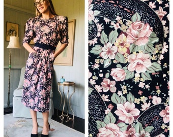 Floral Midi Dress, Puff Sleeve Dress, 80s Dress, like Laura Ashley | Small