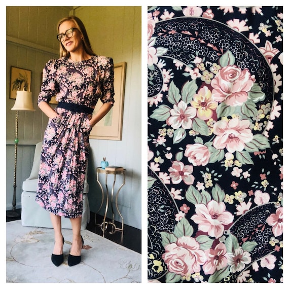 Floral Midi Dress, Puff Sleeve Dress, 80s Dress, like Laura Ashley | Small
