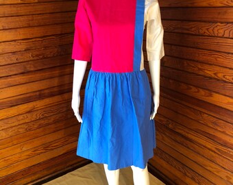 Preppy Dress, Shirt Dress, Sporty Dress, Batwing Sleeve, Drop Waist Dress, Geometric Dress, New Wave Dress | Small