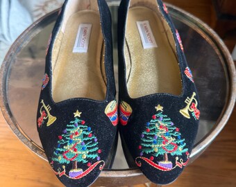 Scarpette da ballo, Karen Scott, scarpe in velluto nero, scarpe natalizie, ballerine, pantofole in velluto ricamate, taglia 9.5
