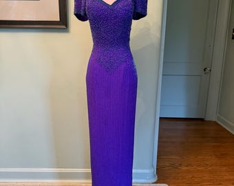 Evening Gown, Beaded Gown, Silk Gown, Formal Maxi, Silk Dress, Disco Dress, Sequin Dress, 80s Party Dress, Prom Dress | Small - Med