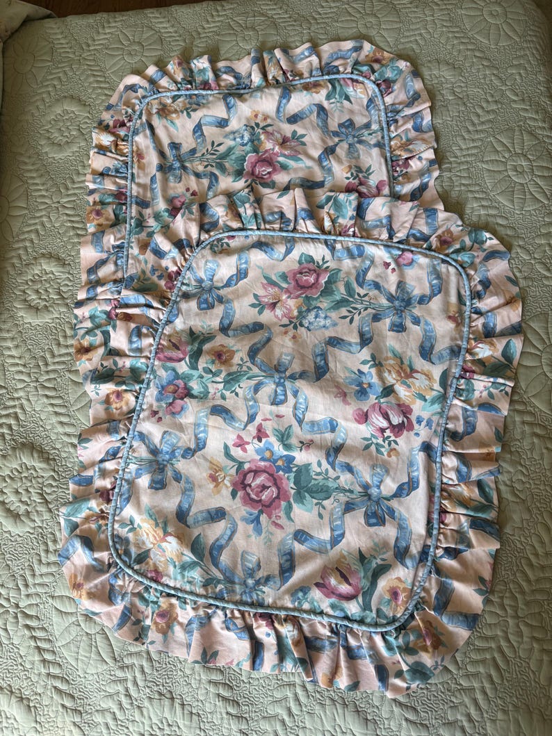 May include: Two decorative pillow shams with a floral and ribbon pattern. The shams feature a light pink background with blue ribbons and colorful flowers. Each sham has a ruffled edge and a blue trim.