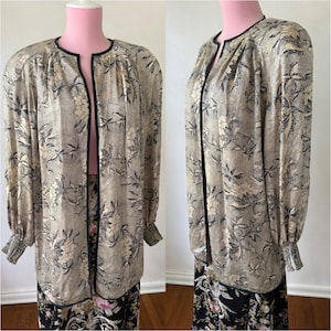1980s Silk Blouse Jacket, Open Front Jill Francis Top, Beige and Black Floral, Size 12 L