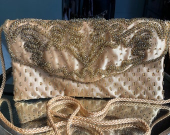 Satin Purse, Beaded Evening Bag, Vintage Beaded Purse, Vintage Beaded Bag, Gold Evening Bag, Vintage Gold Purse