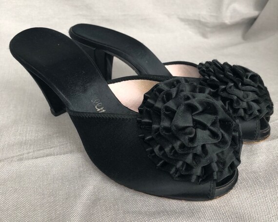 Vintage Daniel Green 1940s 40s Bedroom Boudoir Slippers Black Satin High Heel Mules Lingerie Size 6 5