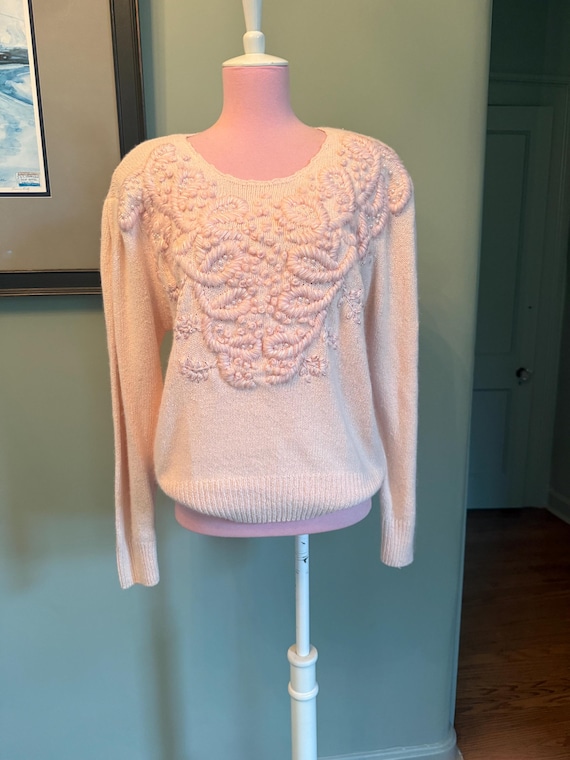 Angora Sweater, 80s Sweater, Pink Angora Sweater, Silk Angora Blend, Beaded Angora Sweater, 80s Top | Medium