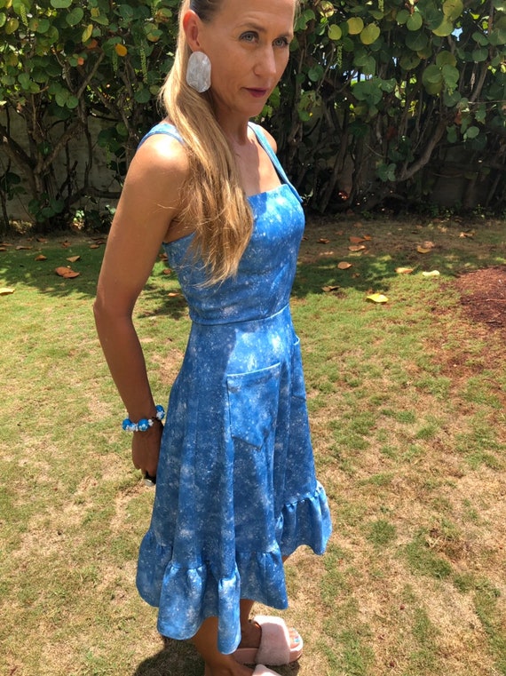 Vintage 70s Light Blue Sun Dress Flate Skirt Apro… - image 3