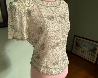Blusa con cuentas, blusa de seda, blusa de seda blanca, camisa de seda, camisa de lentejuelas, top con cuentas, blusa de lentejuelas, Adrianna Papell / Pequeña