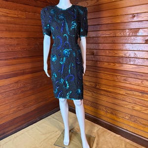 Cocktail Dress, Silk Dress, Sequin Dress, Beaded Dress, Disco Dress, Sequin Dress, 80s Party Dress, 40s Dress | Medium Large