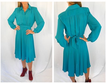 Shirt Dress, Vintage Chiffon Dress, Vintage Sheer Dress, Vintage Green Dress, Vintage Day Dress | Small