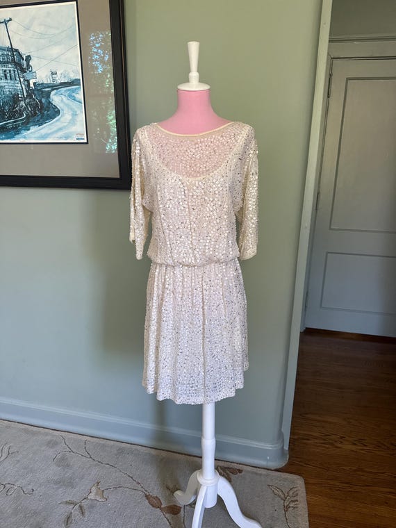 cream beaded dress Beige Flower Beaded Maxi Dress L main image 1