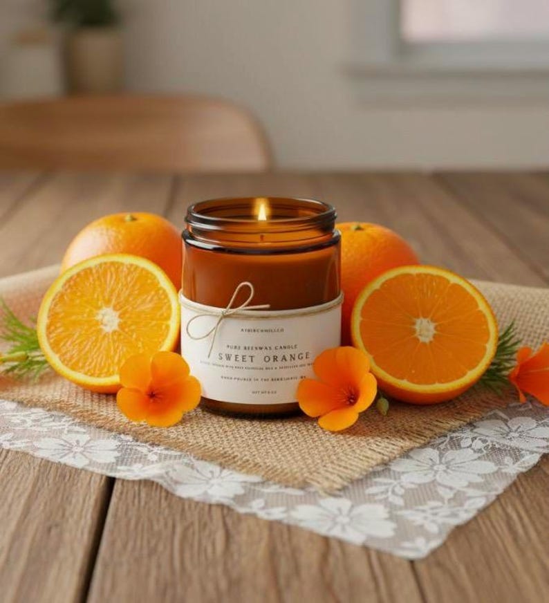 May include: A lit candle in a brown glass jar with a white label reading Sweet Orange, surrounded by two halved oranges, one whole orange, and two small orange flowers. The candle features a simple twine bow tied around the jar's neck.