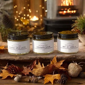 May include: Three small glass jars with black lids and white labels. The labels read "Pumpkin Spice Latte", "Cinnamon Sugar", and "Hint of Vanilla". The jars are sitting on a wooden surface with fall leaves and pine cones.