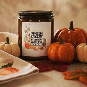 May include: A brown glass candle jar with a black lid and a white label featuring the text PUMPKIN SPICE & EVERYTHING NICE, THAT'S WHAT AUTUMN IS MADE OF, AT BIRCH HILL CANDLE CO. surrounded by illustrations of pumpkins and autumn leaves.
