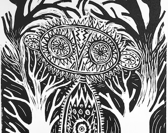 Owl Man, original linocut print