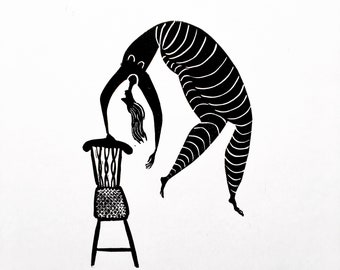 Original linocut print, Chair Dance