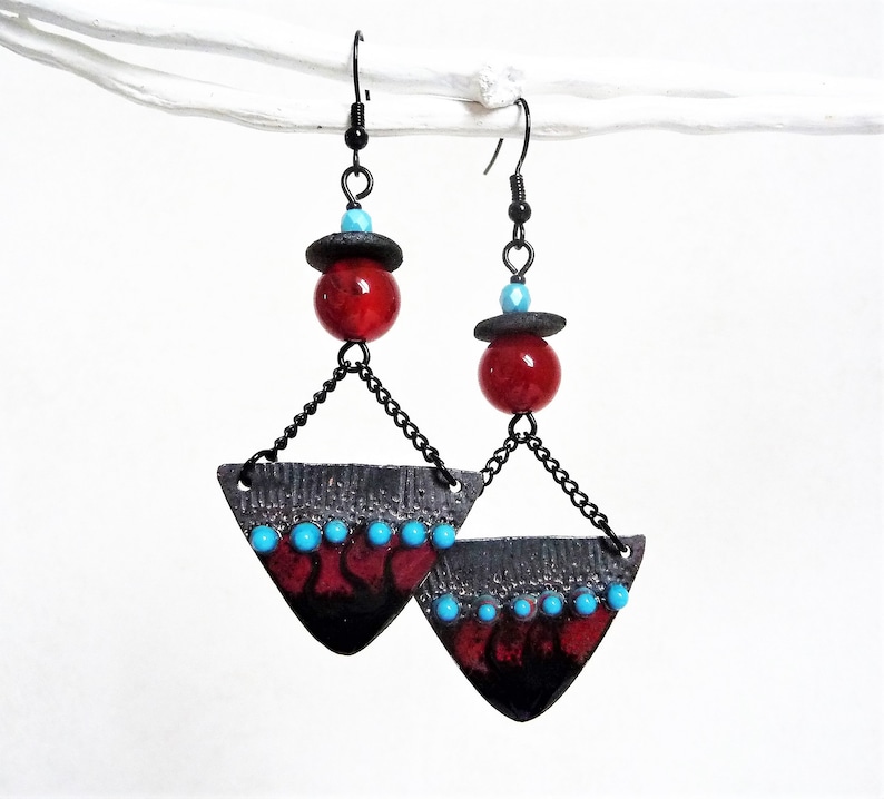 cornelian beads dark red ethnic design black and blue tribal earrings raku discs handcrafted enamelled copper charms Kira black hooks