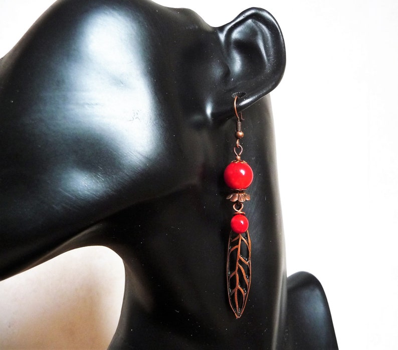 bamboo beads Hally handcrafted lampwork headpins long leaf earrings in red and copper clips available filigree copper plated leaves