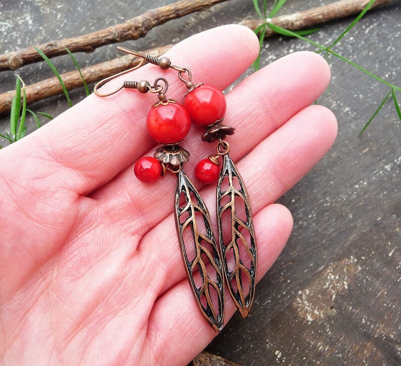 bamboo beads Hally handcrafted lampwork headpins long leaf earrings in red and copper clips available filigree copper plated leaves