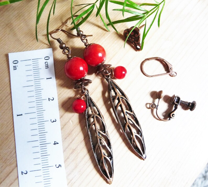 bamboo beads Hally handcrafted lampwork headpins long leaf earrings in red and copper clips available filigree copper plated leaves