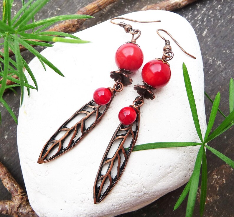bamboo beads Hally handcrafted lampwork headpins long leaf earrings in red and copper clips available filigree copper plated leaves