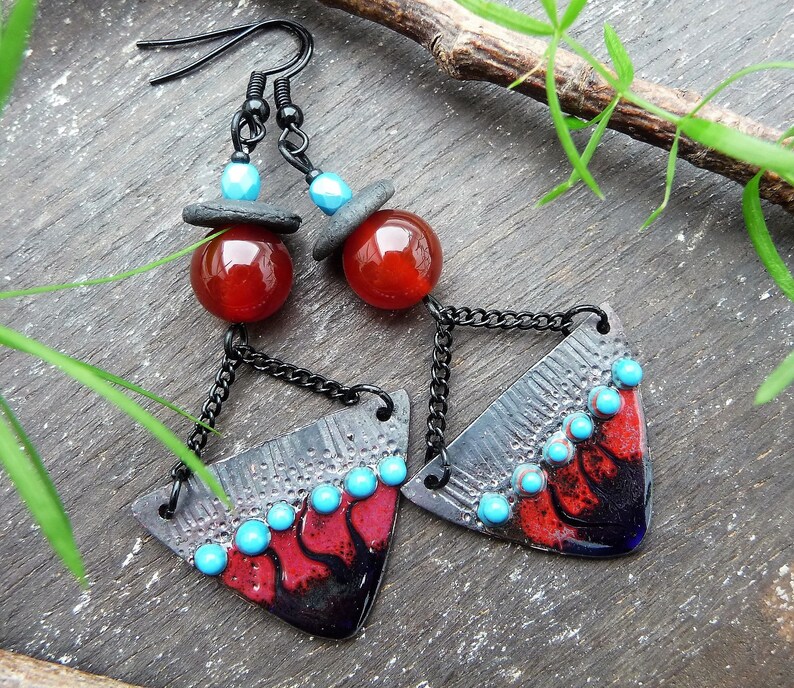 cornelian beads dark red ethnic design black and blue tribal earrings raku discs handcrafted enamelled copper charms Kira black hooks