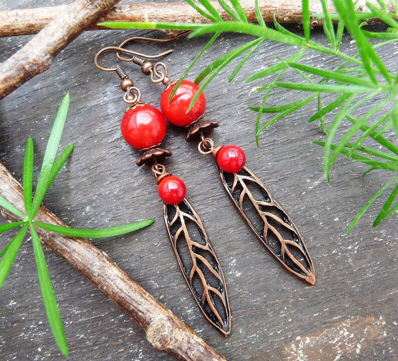 bamboo beads Hally handcrafted lampwork headpins long leaf earrings in red and copper clips available filigree copper plated leaves