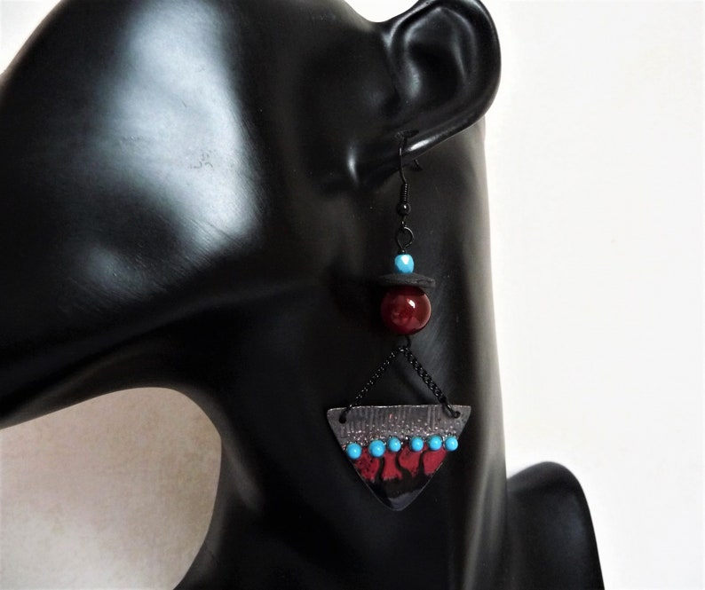 cornelian beads dark red ethnic design black and blue tribal earrings raku discs handcrafted enamelled copper charms Kira black hooks