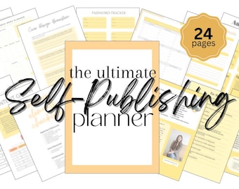 May include: A printable planner for self-publishing authors. The planner has 24 pages and includes sections for content calendar, launch week planner, Amazon guide, and more. The text "the ultimate self-publishing planner" is in a white box with a peach background.